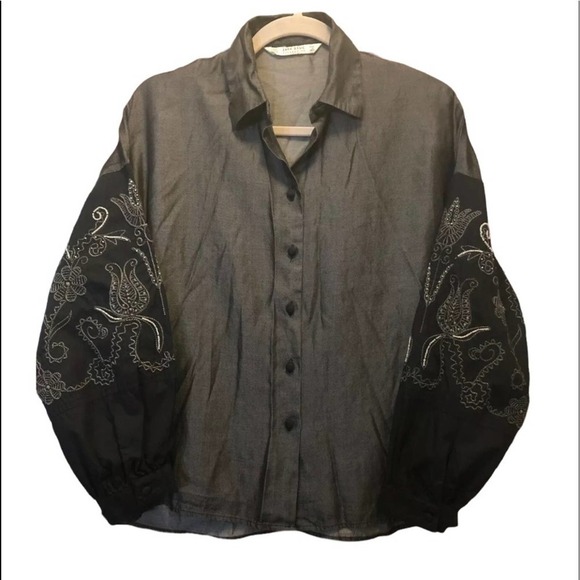 Zara Peasant button down shirt embroidery black Size XSmall Chambray Y2K - Picture 7 of 9